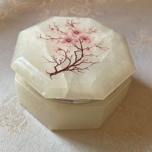 Beautiful Italian hand carved alabaster cherry blossom trinket dish, jar, RB